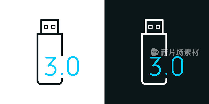 USB 3.0闪存盘。黑色或白色背景上的双色线图标-可编辑的笔画